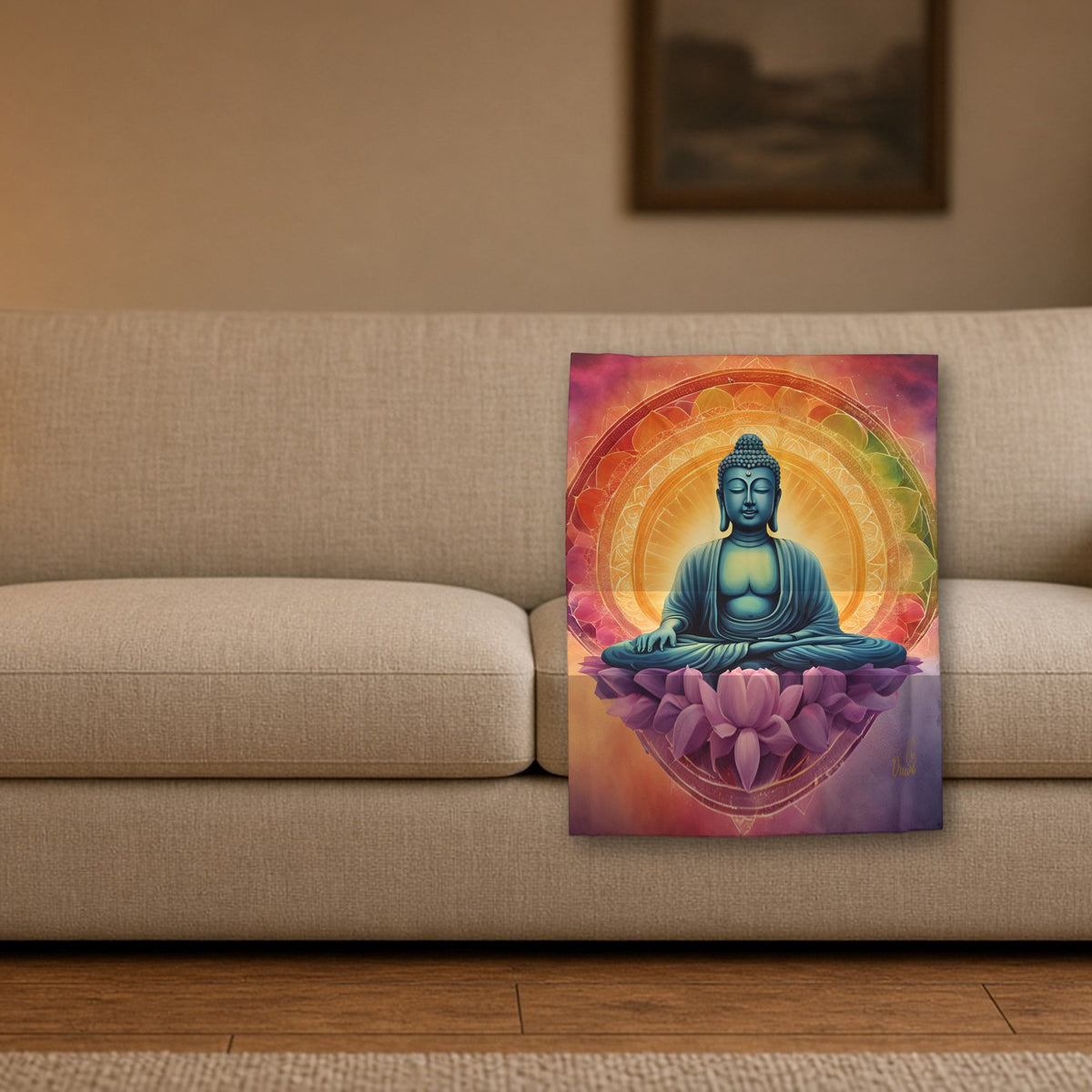 Colorful Buddha Blanket styled on a cozy living room sofa