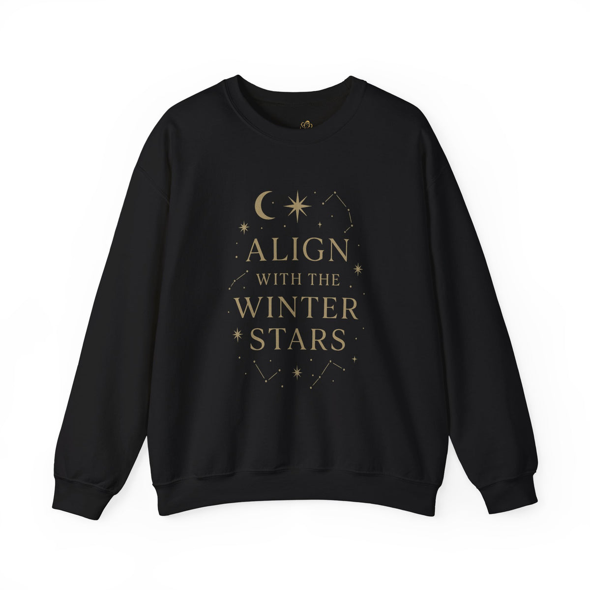 Black sweatshirt with gold "Align with the Winter Stars" and a crescent moon