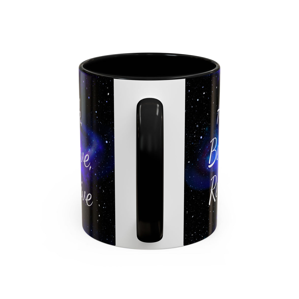 Ask Believe Receive two-tone manifestation mug with galaxy design by Druvs
