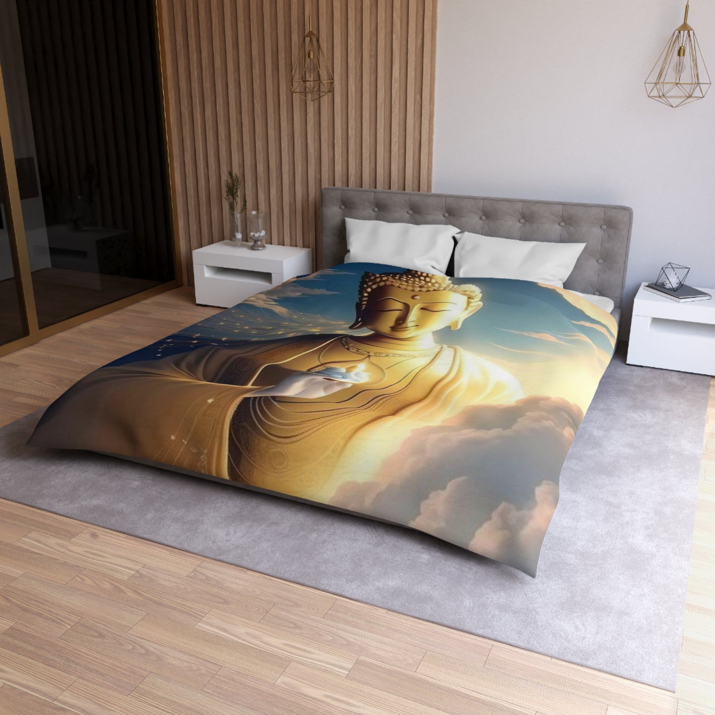 Golden Buddha in the Clouds Duvet Cover – Divine Serenity Bedding by Druvs (All Sizes, Ships Worldwide)