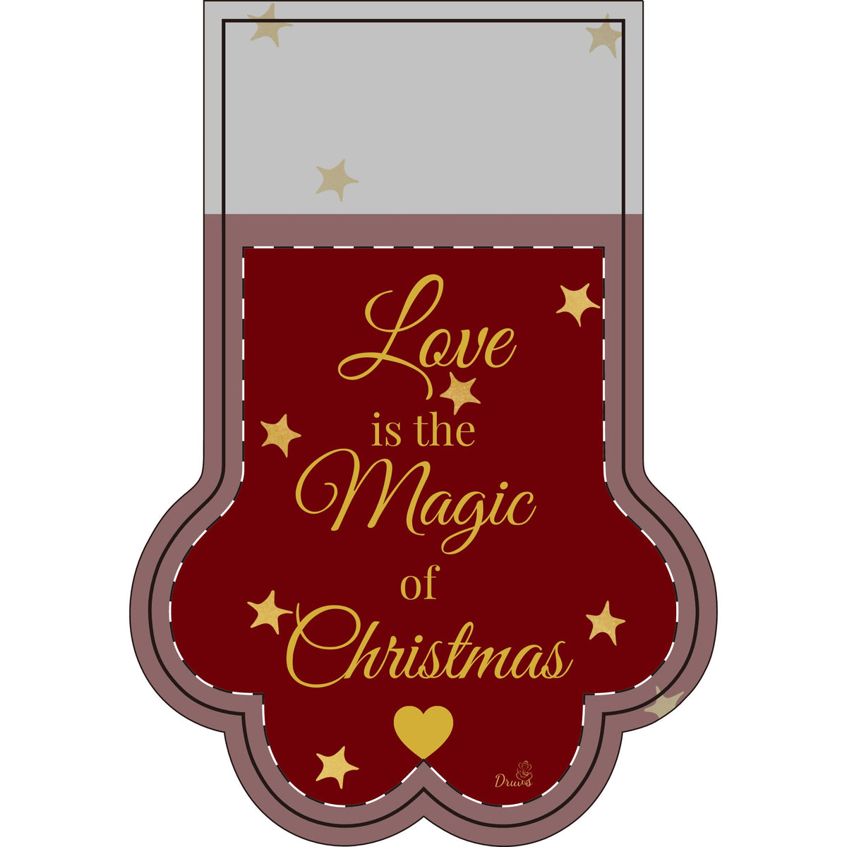 Front layout of paw Christmas stocking with gold-colored love quote and stars