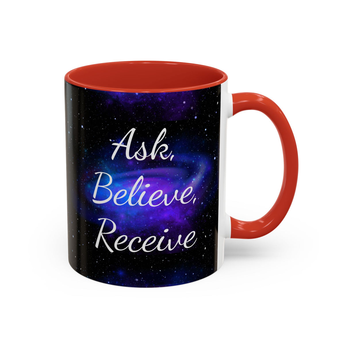 Ask Believe Receive two-tone manifestation mug with galaxy design by Druvs
