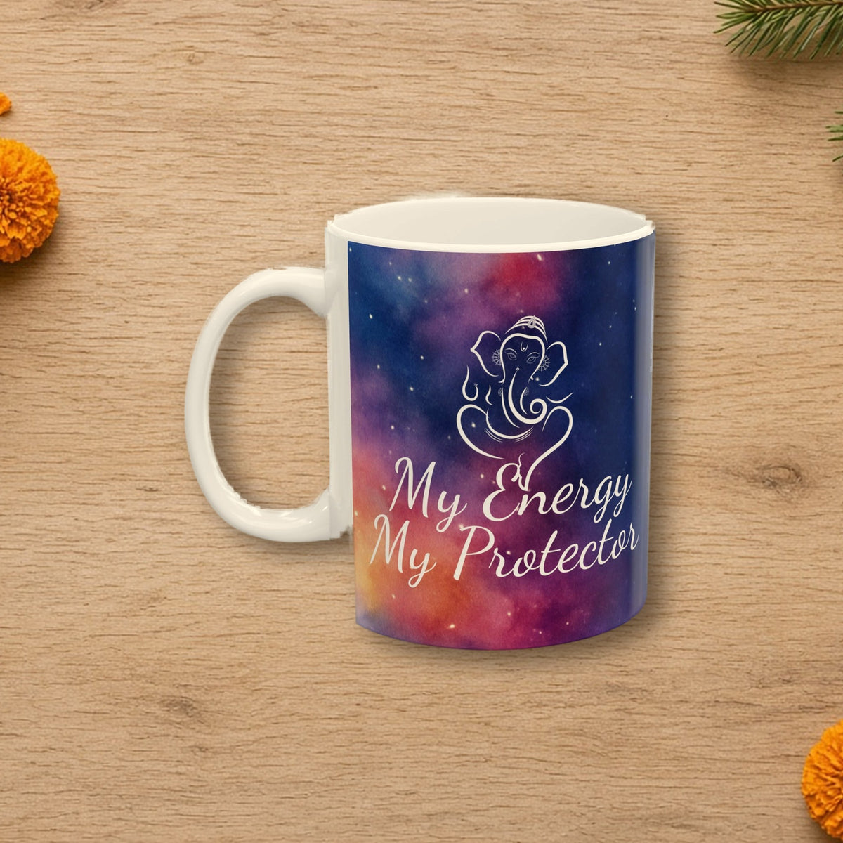 Ganesh Mug styled on a cozy wooden table