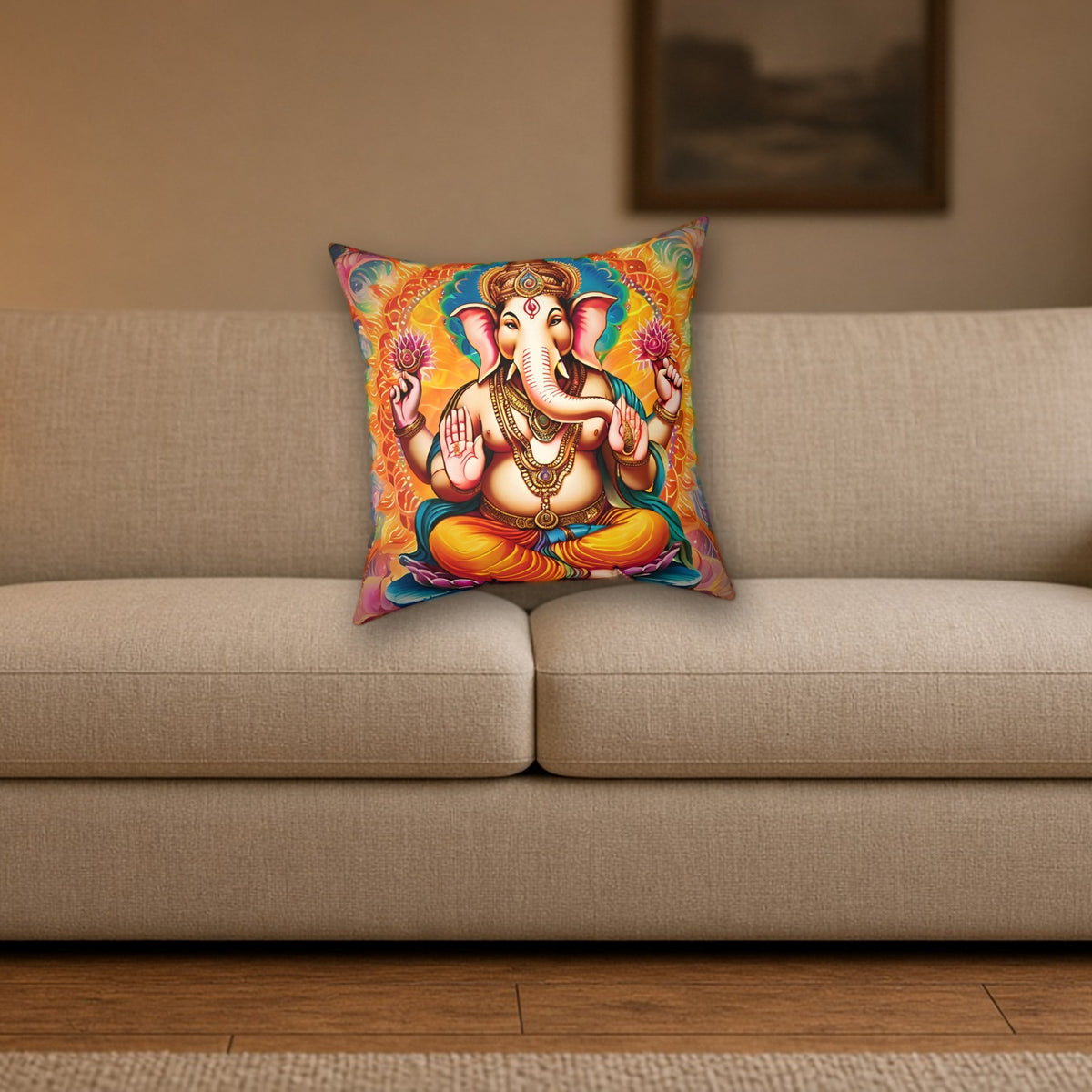 Lord Ganesh Decorative Pillow styled on a cozy living room sofa