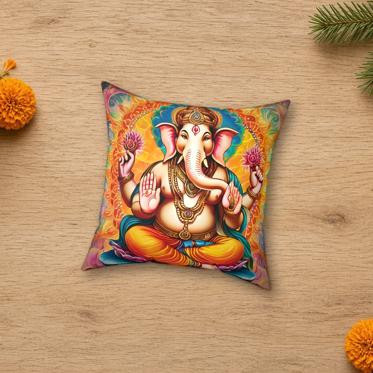 Lord Ganesh Decorative Pillow in a styled lifestyle flat lay