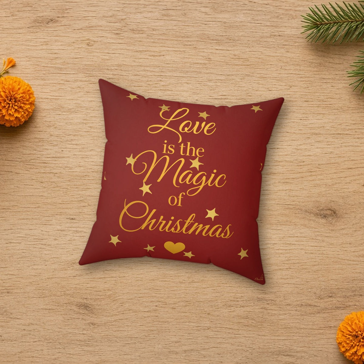 Love Is the Magic of Christmas Cushion in a styled lifestyle flat lay