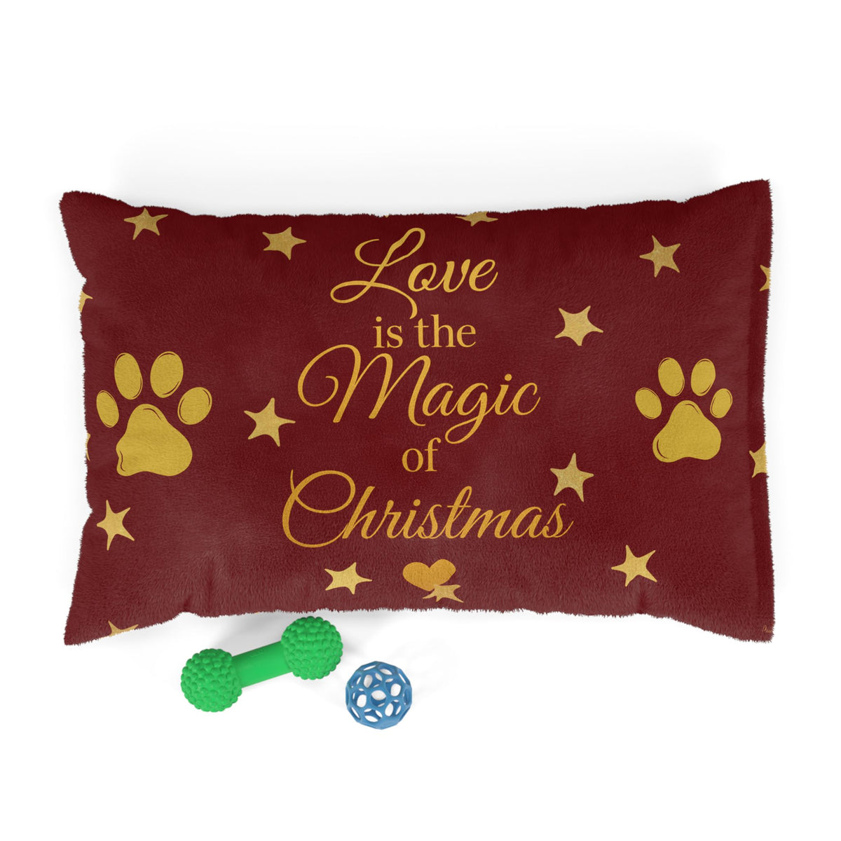Red Love Is the Magic of Christmas pet bed with ball and bone toys