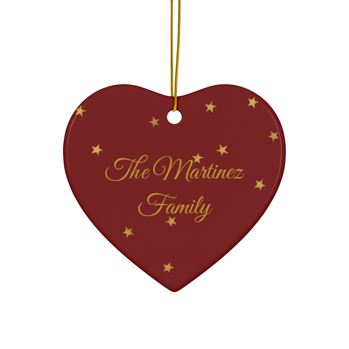 Example personalized back of the heart ornament reading The Martinez Family