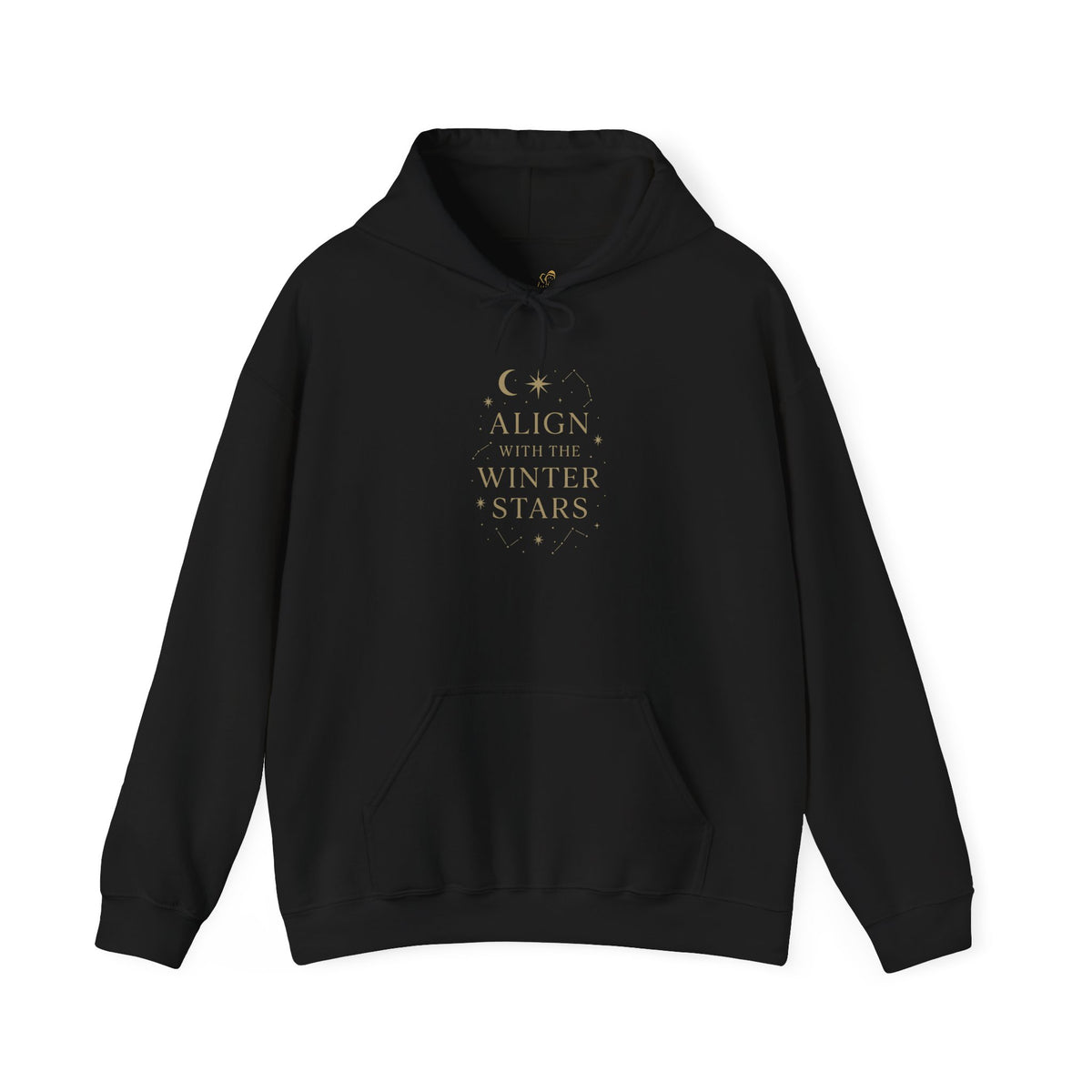 Black hoodie with gold constellation design and “Align with the Winter Stars” quote. Unisex spiritual hoodie for winter nights and stargazing souls.