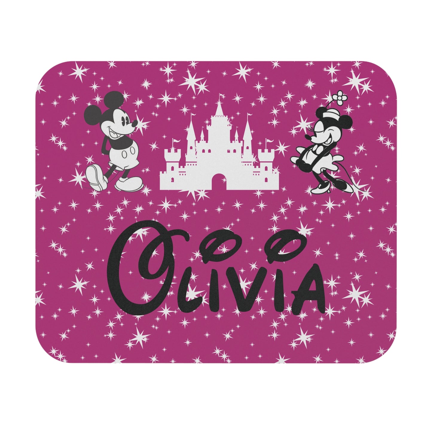 Disney-inspired pink mousepad with starry background, white castle, Mickey & Minnie silhouettes, and name “Olivia” in custom font with mouse ears.