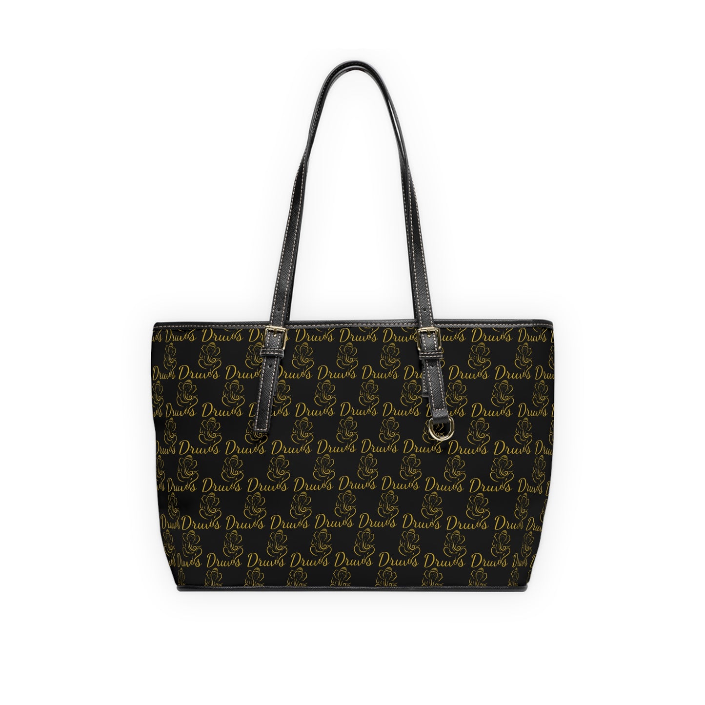 Black leather tote with repeating gold Druvs logo and Ganesha design, double shoulder straps and zip closure.