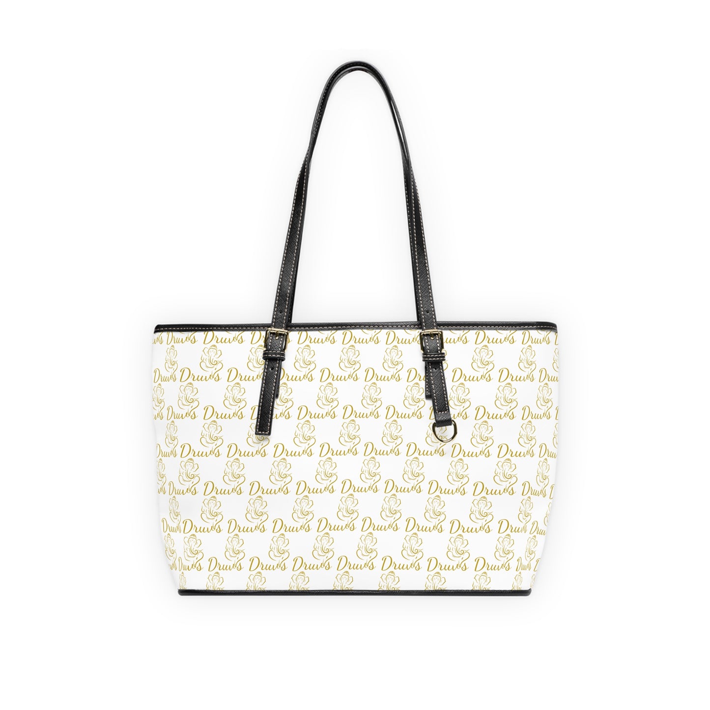 White shoulder bag with gold Druvs and Ganesha logo monogram, black straps, and silver zipper.