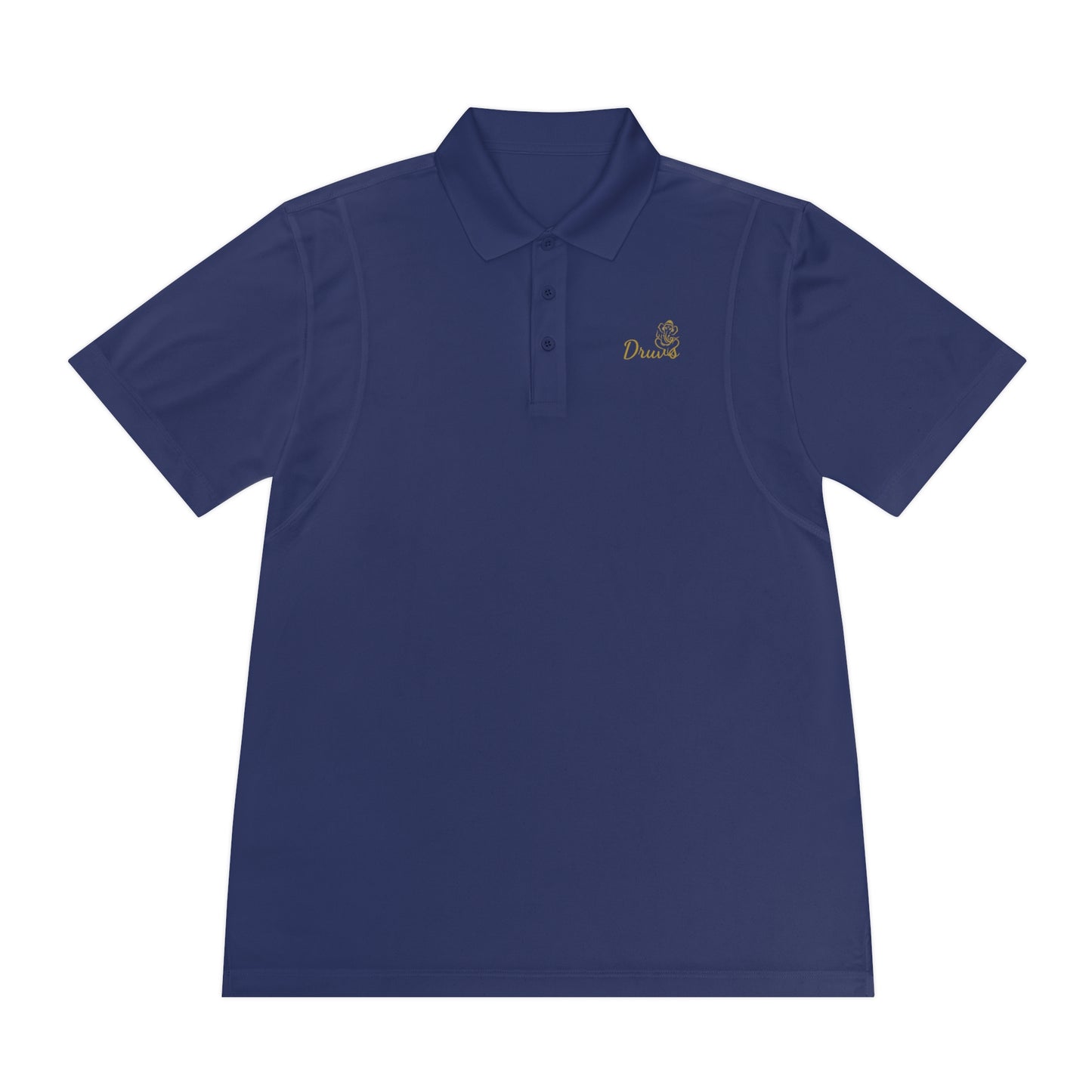 Navy blue unisex polo shirt with gold embroidered Druvs logo on the chest, featuring a Ganesha icon.