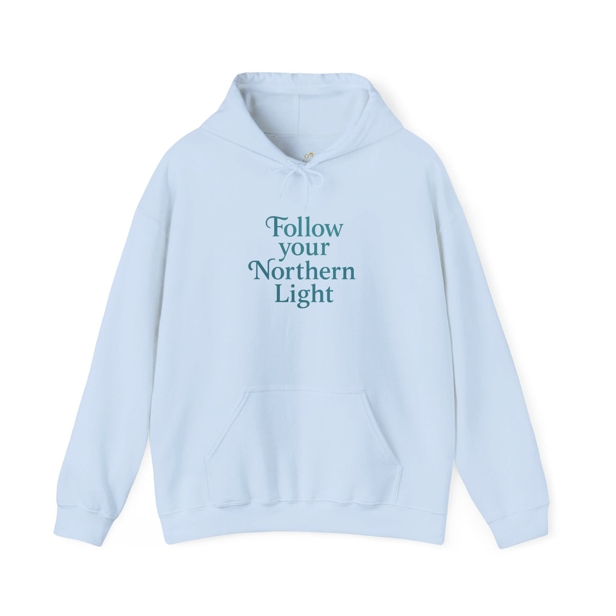 Light blue hoodie with teal text that reads “Follow your Northern Light” – spiritual winterwear for mindful living and soul-led journeys.