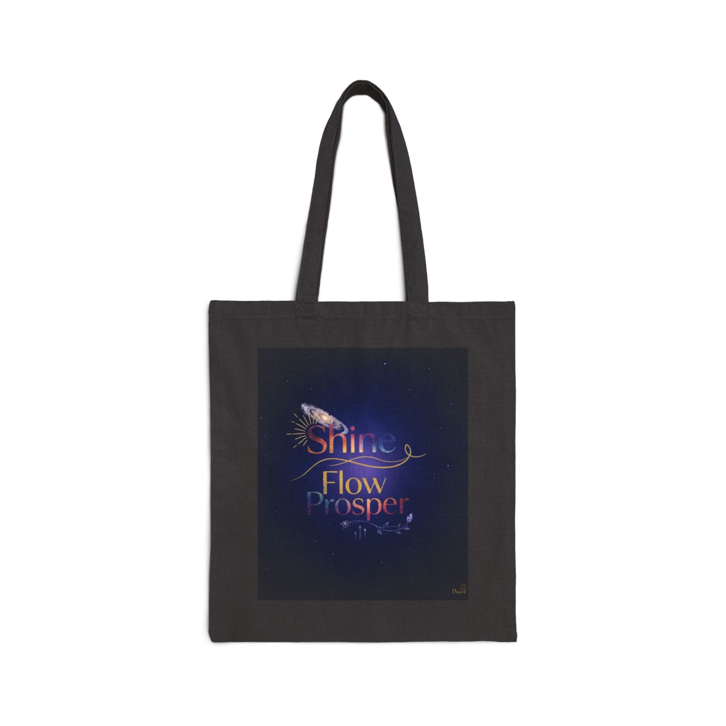 Black tote bag with Shine Flow Prosper cosmic quote in galaxy colors on starry background – spiritual gift by Druvs