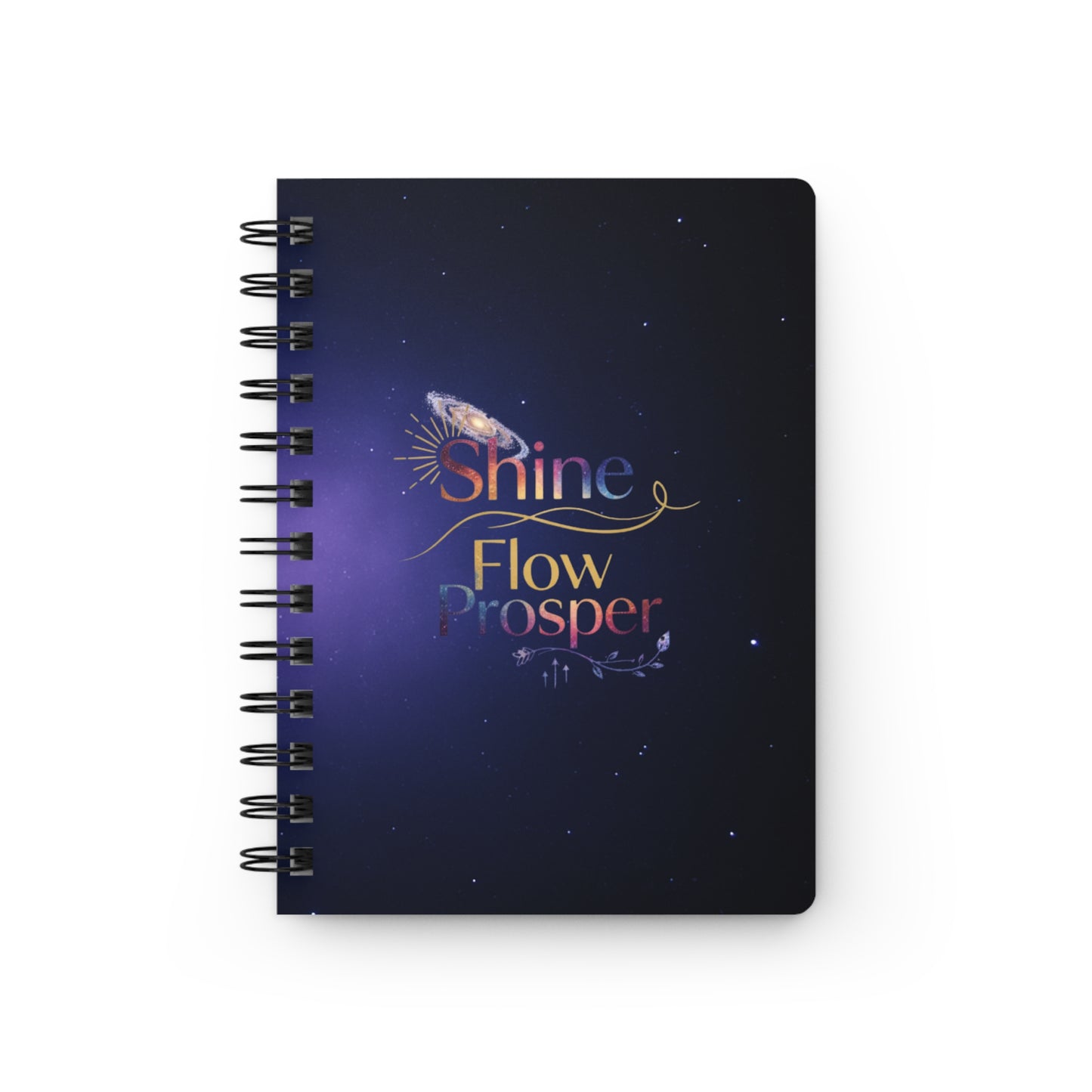 Purple galaxy spiral journal with Shine Flow Prosper cosmic typography – manifestation notebook by Druvs