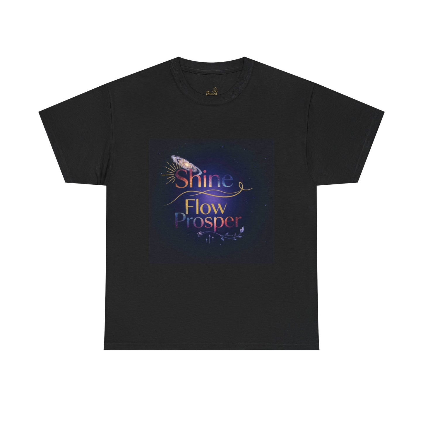 Black unisex t-shirt featuring cosmic Shine Flow Prosper design in gradient colors with galaxy details – by Druvs