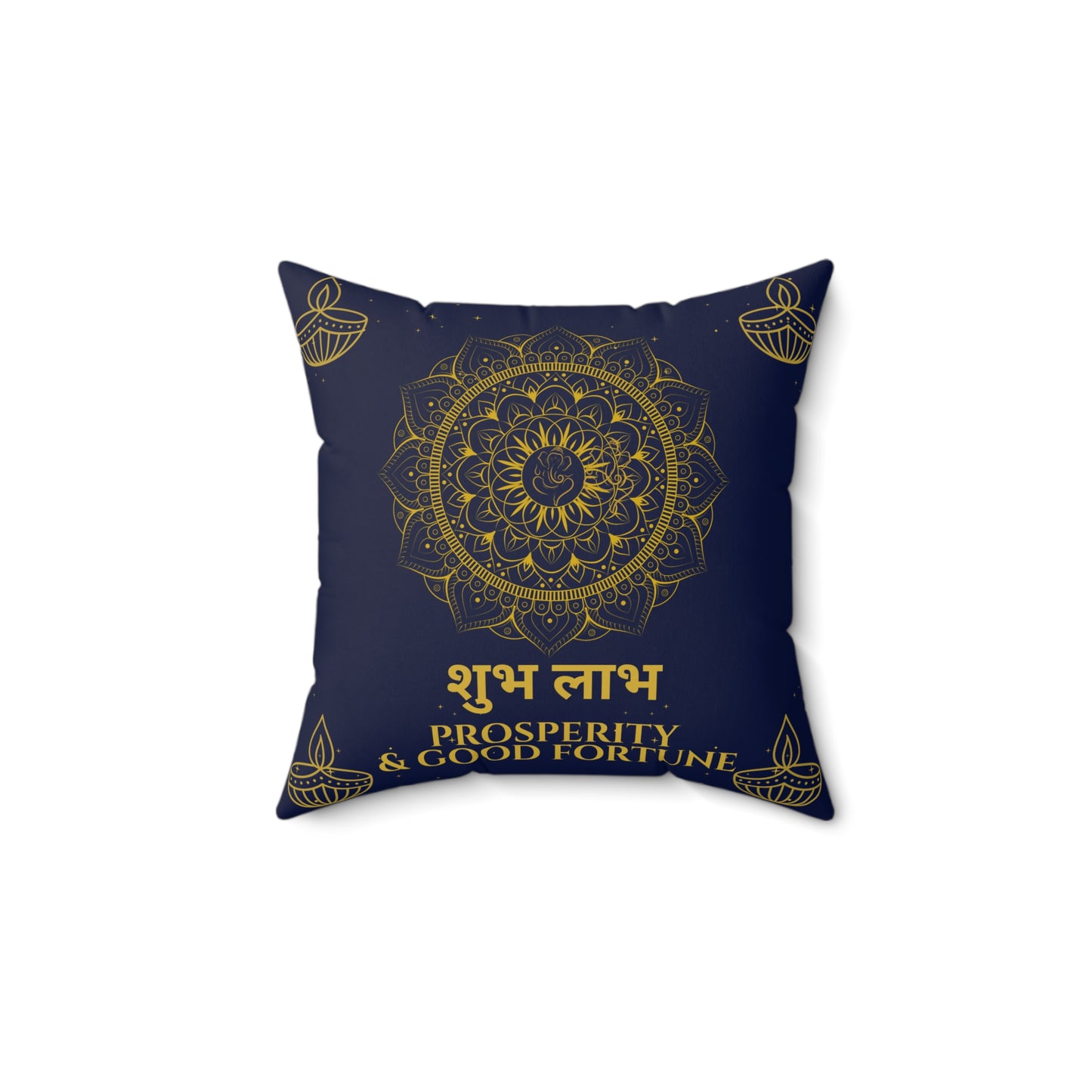Royal blue cushion with golden mandala and Shubh Labh text – Diwali decor with Ganesha and diya elements by Druvs