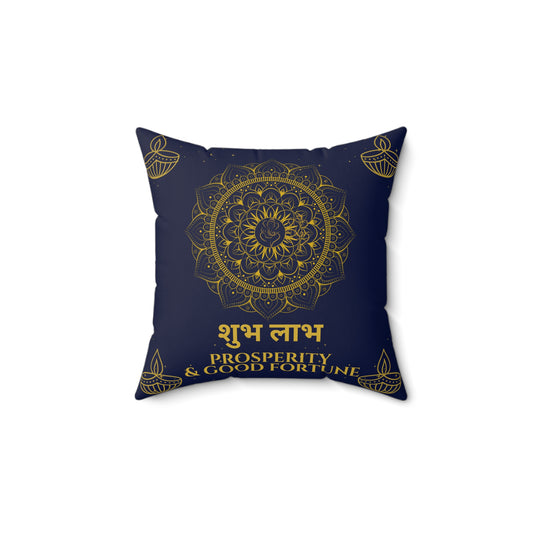 Royal blue cushion with golden mandala and Shubh Labh text – Diwali decor with Ganesha and diya elements by Druvs