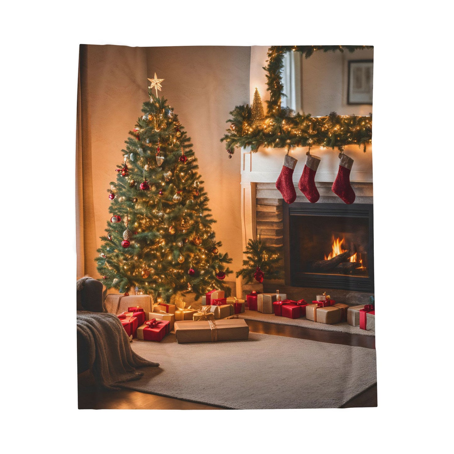 Velveteen fleece blanket with photo of cozy Christmas scene – fireplace, tree with lights, stockings, and wrapped gifts
