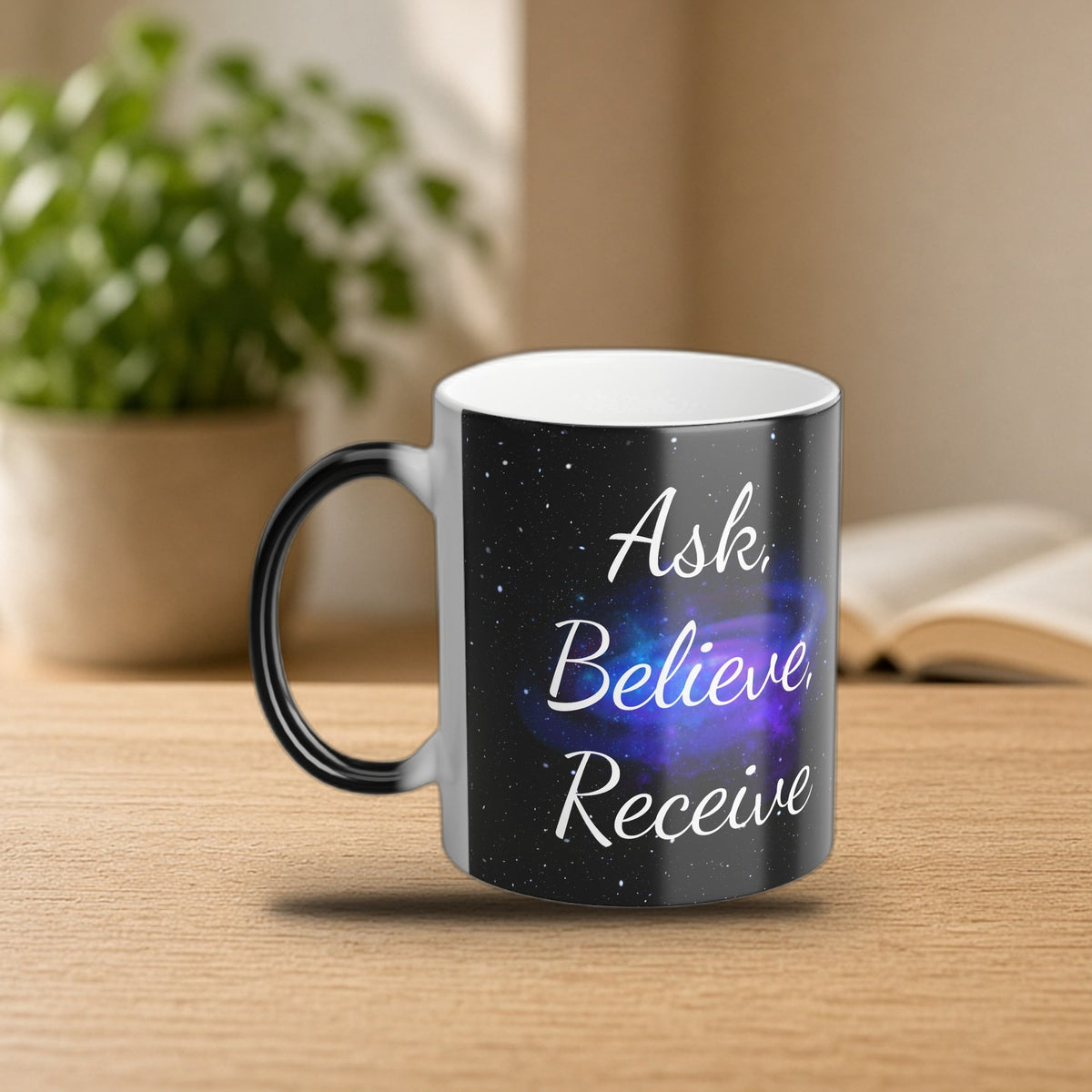 Ask Believe Receive color-changing mug on a cozy morning desk