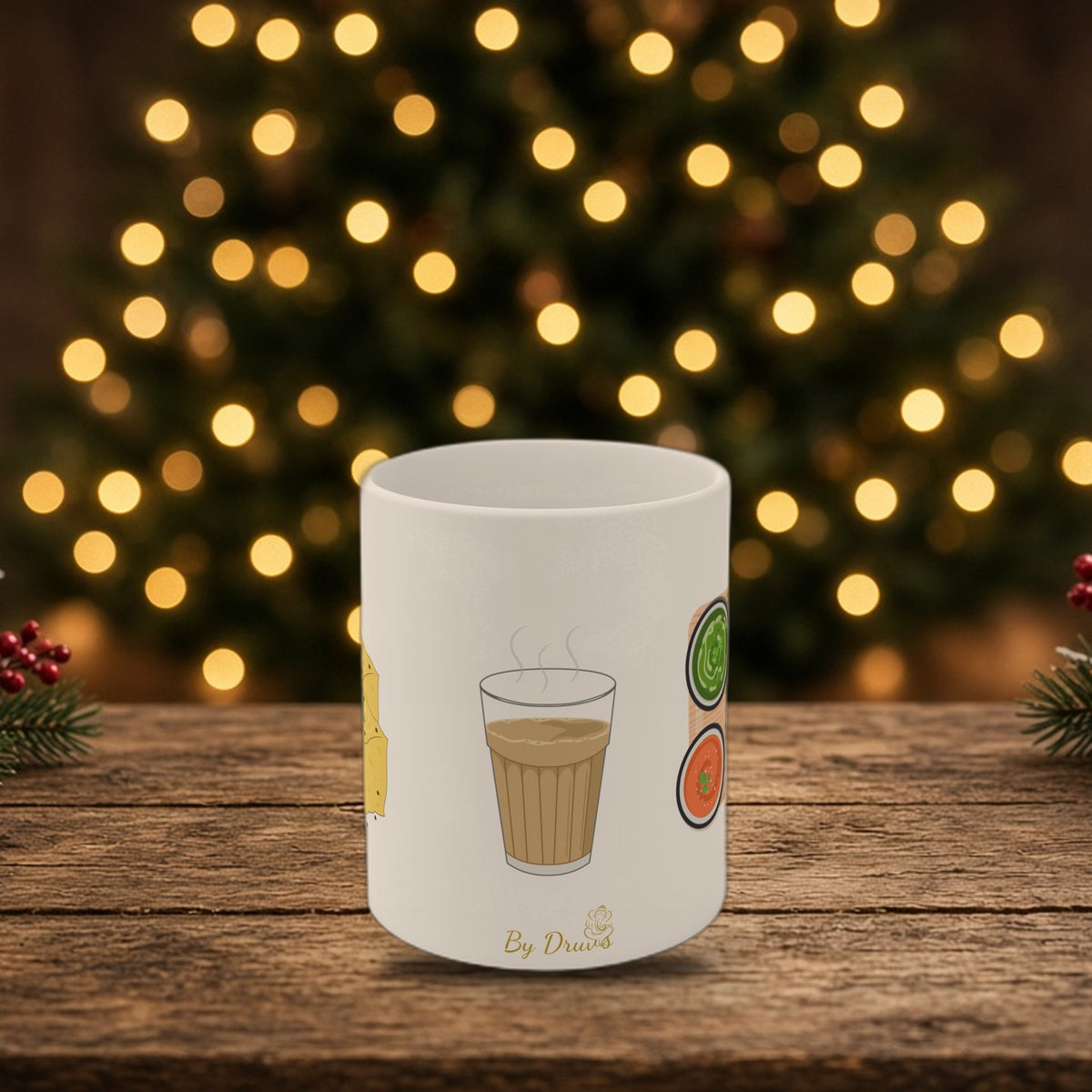 Funny Indian chai paratha dhokla mug in a Christmas holiday setting