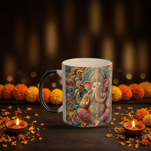 Lord Ganesha color-changing mug with Diwali diyas and festive lights