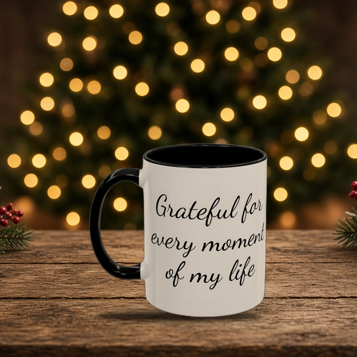 Gratitude quote two-tone mug in a Christmas holiday setting