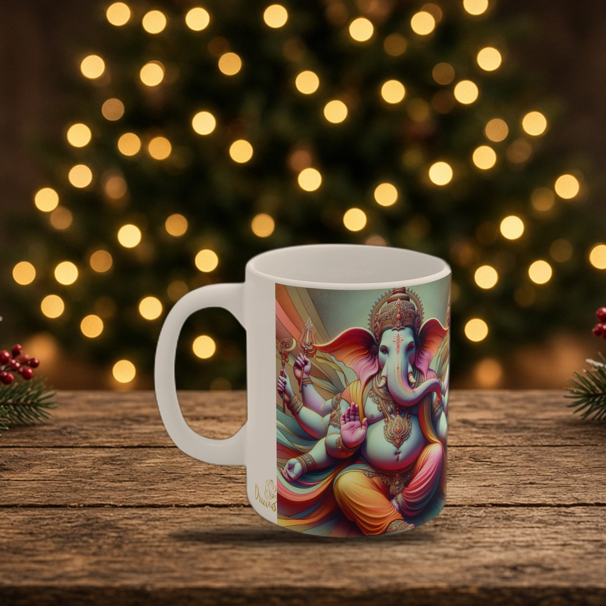 Lord Ganesha Diwali mug in a Christmas holiday setting