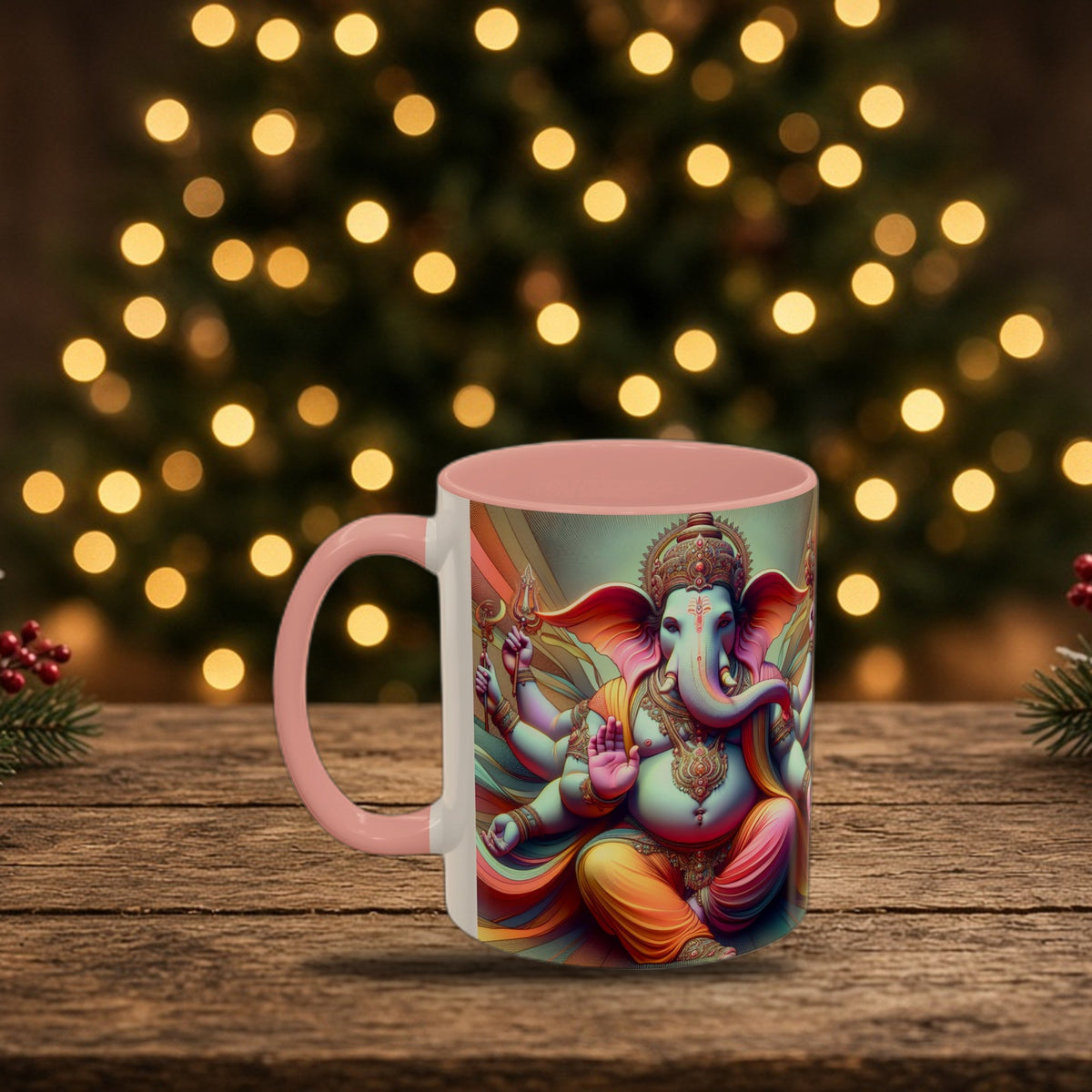 Lord Ganesha spiritual two-tone mug in a Christmas holiday setting