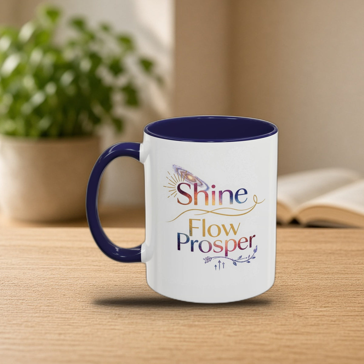 Shine Flow Prosper cosmic galaxy mug on a cozy morning desk