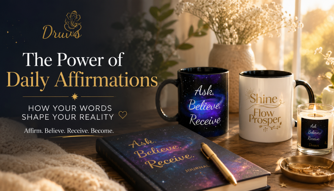 Daily affirmations workspace with Shine Flow Prosper mug, Prosper journal, candle, flowers, and warm morning sunlight by Druvs.