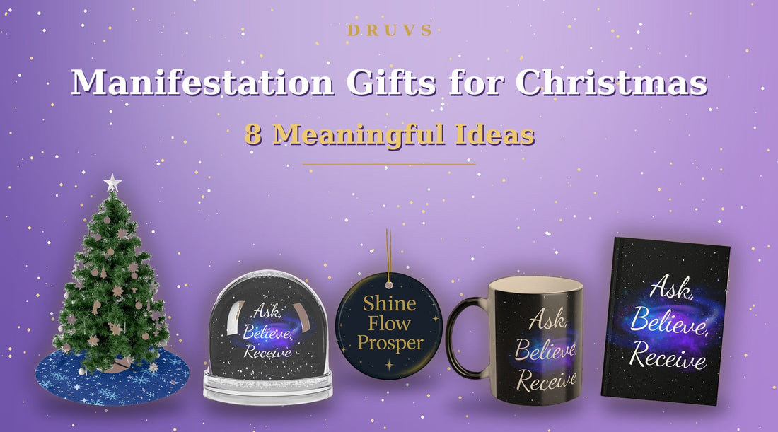Druvs manifestation Christmas gifts: Blue Snowfall tree skirt under a full Christmas tree, Ask Believe Receive snow globe, ornament, mug and journal on a bright galaxy purple background