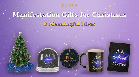 Druvs manifestation Christmas gifts: Blue Snowfall tree skirt under a full Christmas tree, Ask Believe Receive snow globe, ornament, mug and journal on a bright galaxy purple background