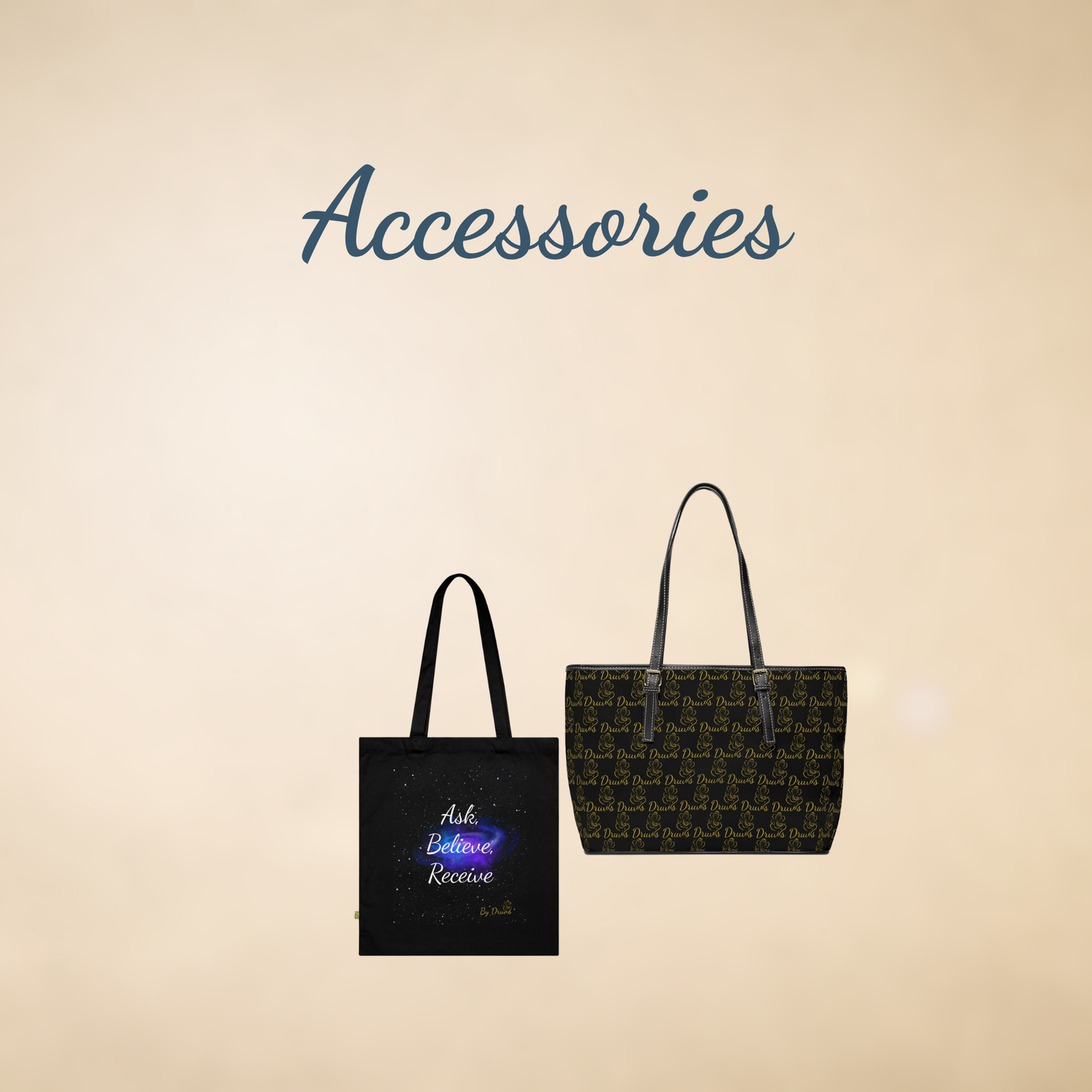 Beige background with a tote bag and a Shopping bag