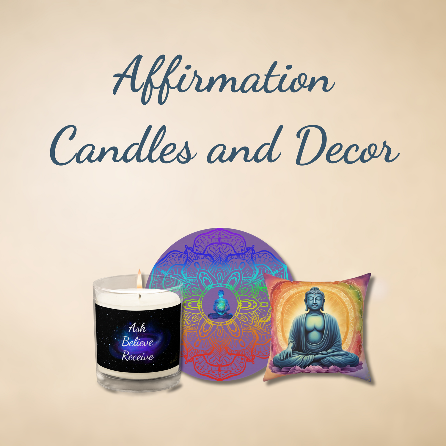 A square digital image of affirmation candles and spiritual decor from Druvs, including a soft-lit candle, cushion, and neutral-toned accessories, styled on a warm background.