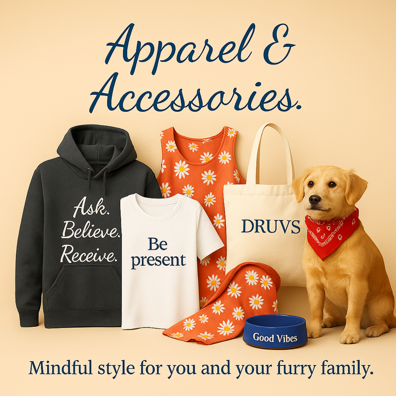 Square banner titled “Apparel & Accessories” over a cream background, showing a black “Ask. Believe. Receive.” hoodie, a white “Be present” tee, orange floral summer dress, Druvs tote, and dog in a red bandana next to a “Good Vibes” bowl.