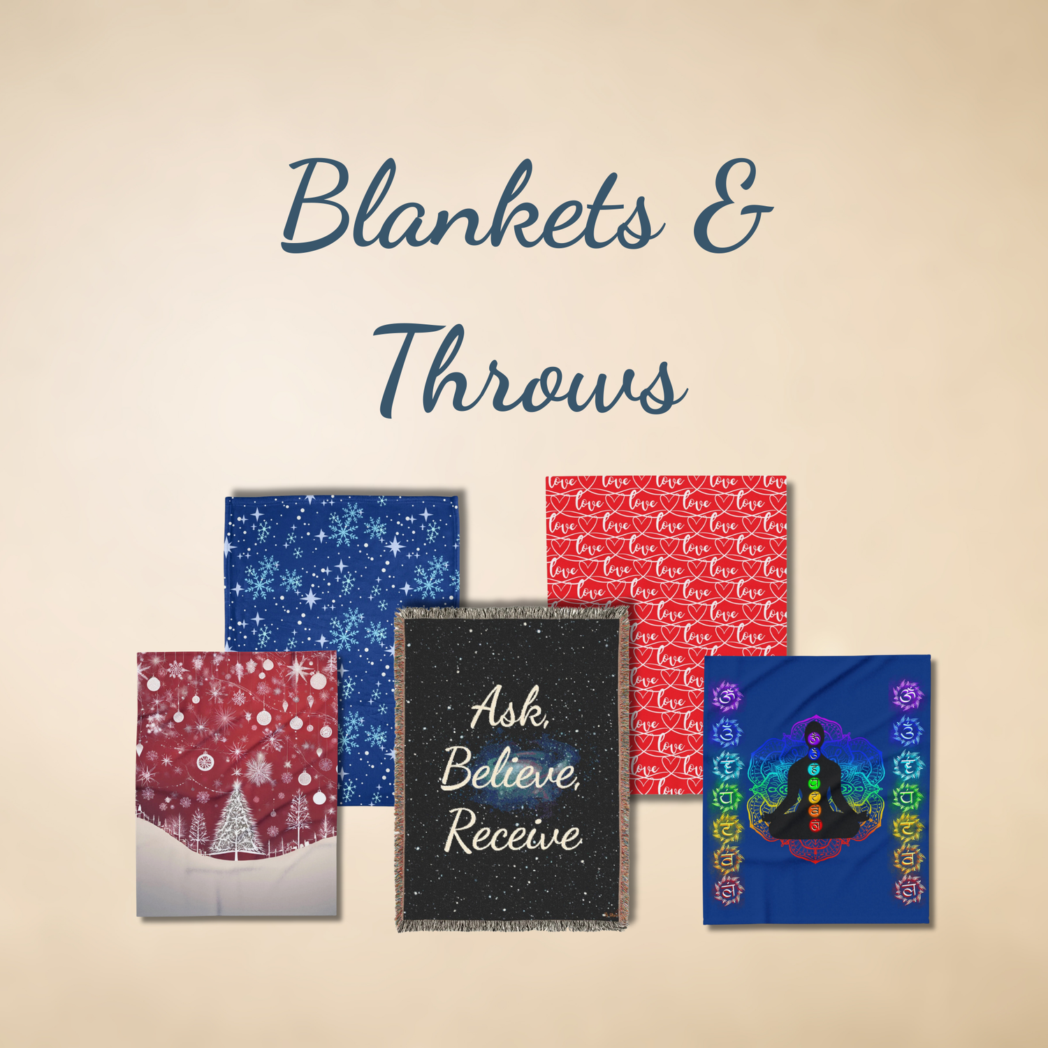 A square banner ‘Blankets & Throws’ in navy script over a soft beige background, showcasing five throws
