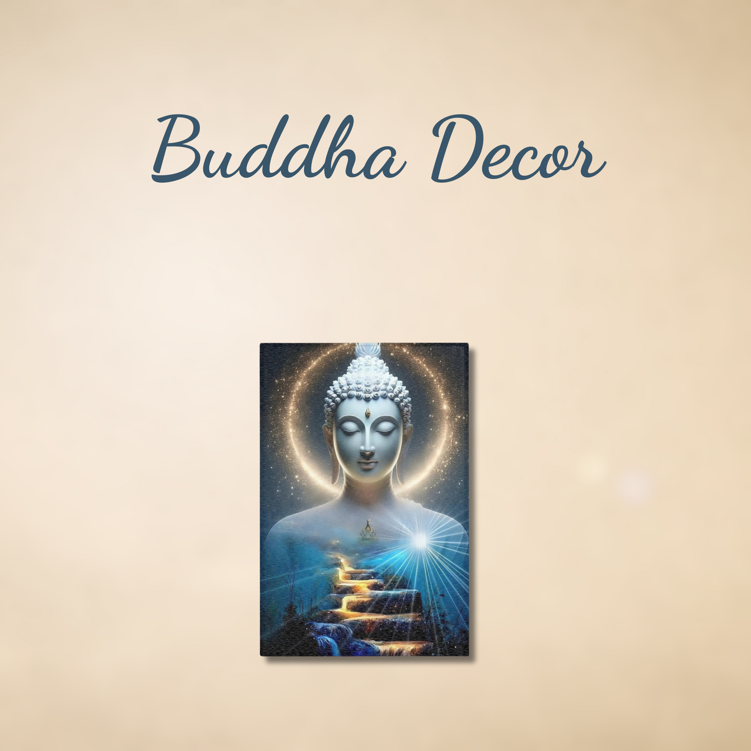 Square image featuring a Buddha pillow and meditation accessories styled in soft neutral tones, part of the Buddha Decor collection from Druvs for peaceful home spaces