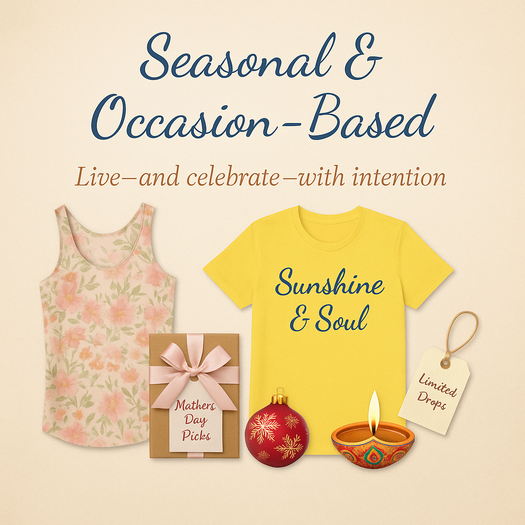 Square banner ‘Seasonal & Occasion-Based’, showcasing a pastel floral spring tank, sunshine yellow affirmation tee, wrapped Mother’s Day gift, festive ornament, lit Diwali diya, and Limited Drops badge