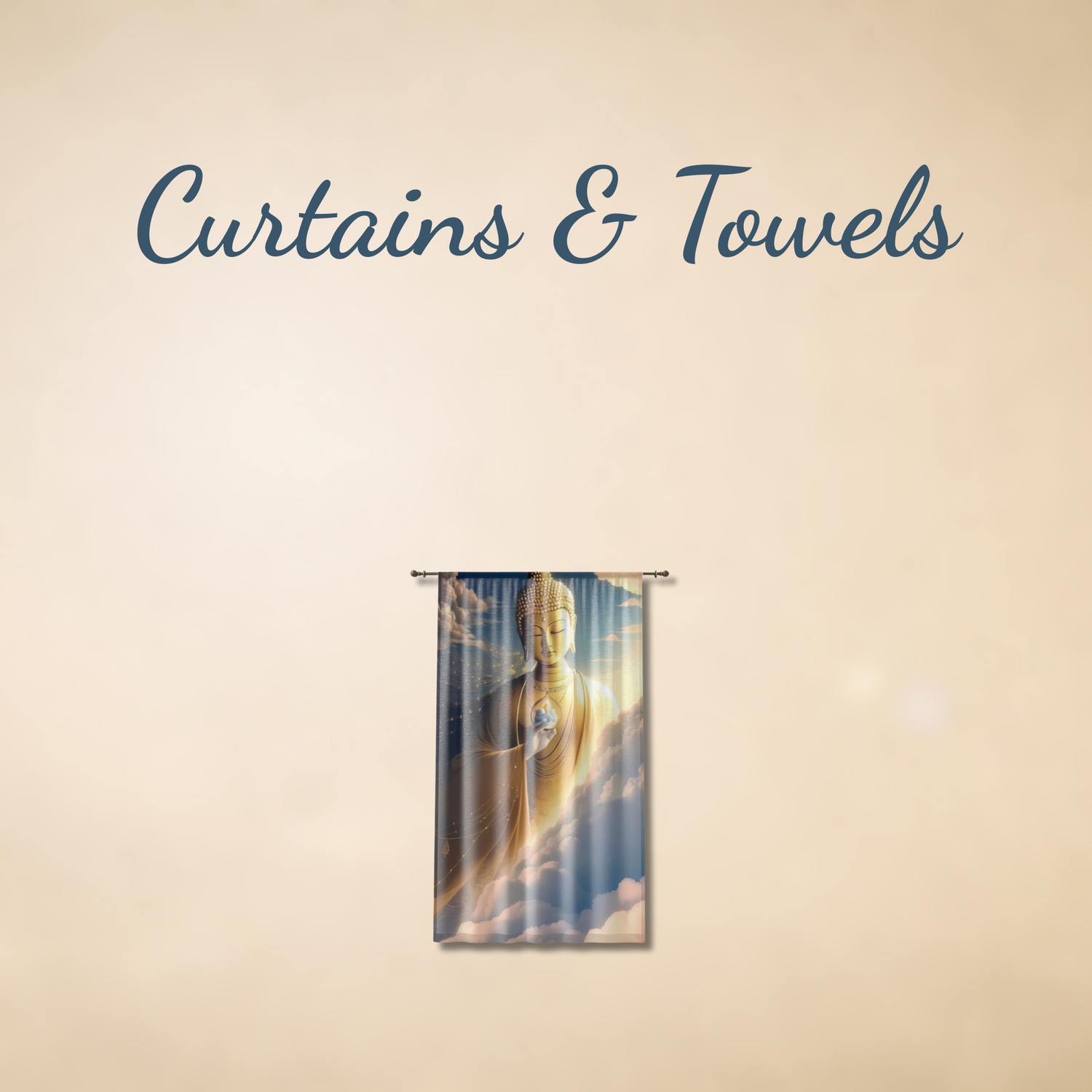 Curtains & Towels’ in elegant script over a soft beige background, featuring a lotus-patterned curtain panel beside a stack of plush towels embossed with spiritual mantra accents