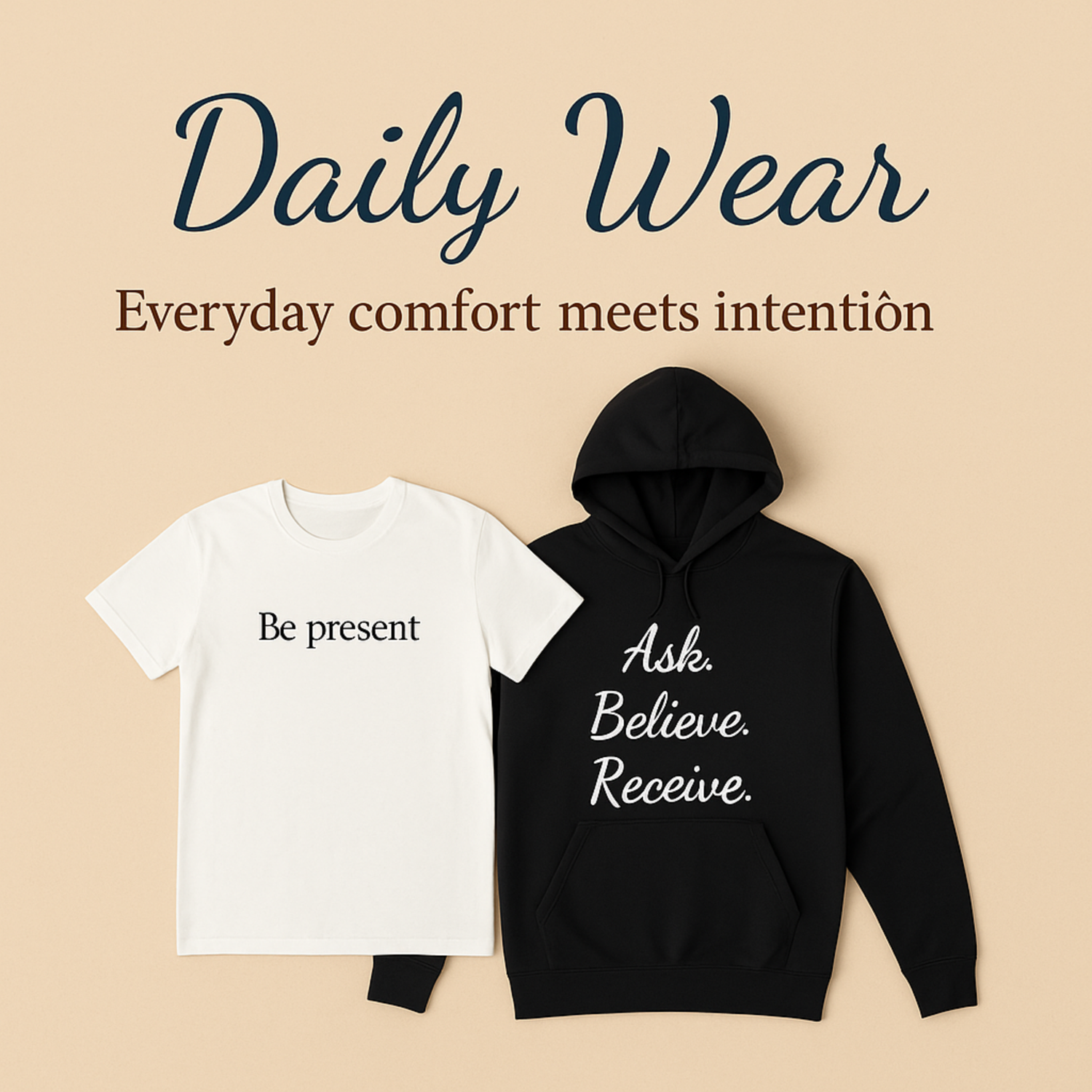 Square banner titled ‘Daily Wear’ in navy script over a soft beige background, showcasing a black hoodie printed ‘Ask. Believe. Receive.’ and a white tee reading ‘Be present’ arranged flat-lay style for a cozy everyday look.