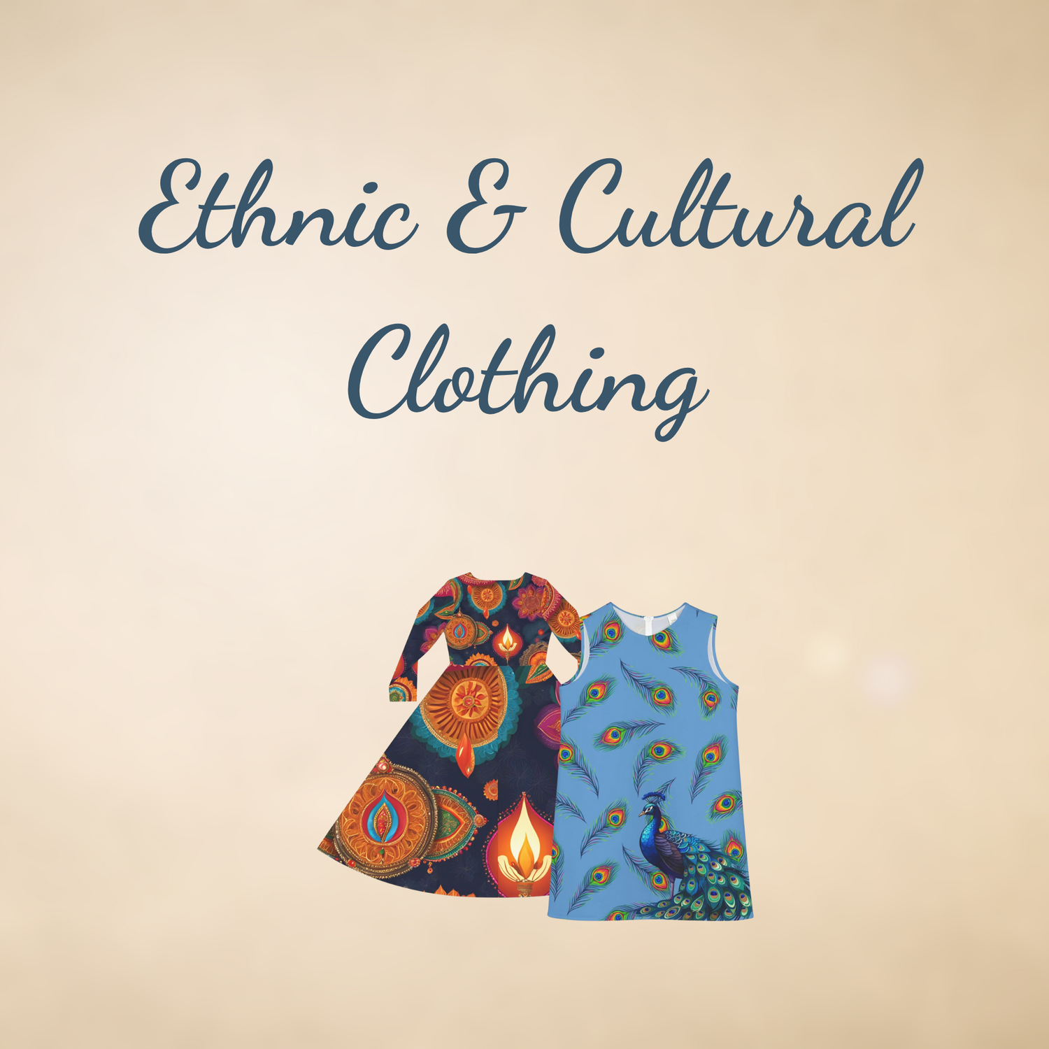 A beige background with an ethnic dress and a blue feather peacock dress 