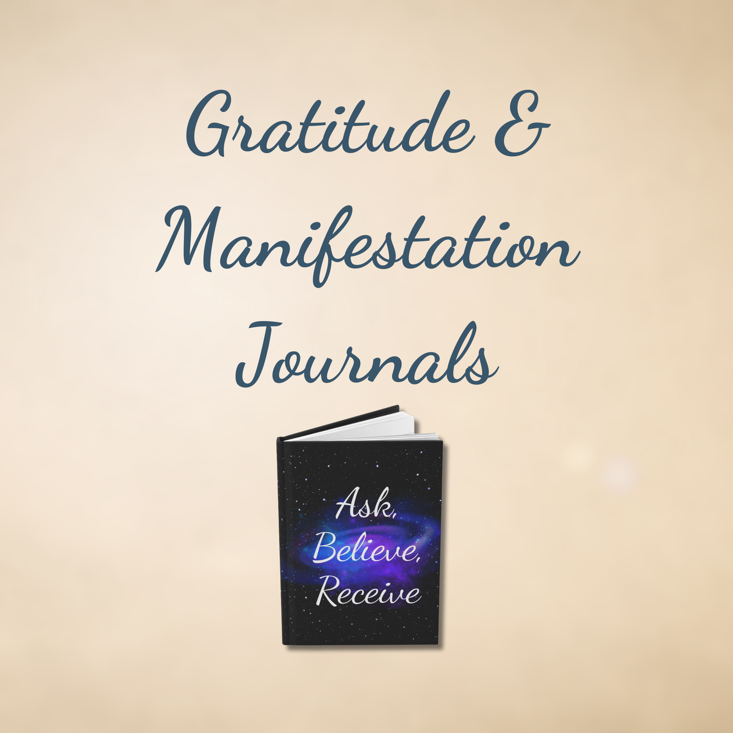 A square digital image displaying personalized gratitude and manifestation journals from Druvs, styled with soft lighting on a neutral background, representing tools for intention setting and daily affirmations.