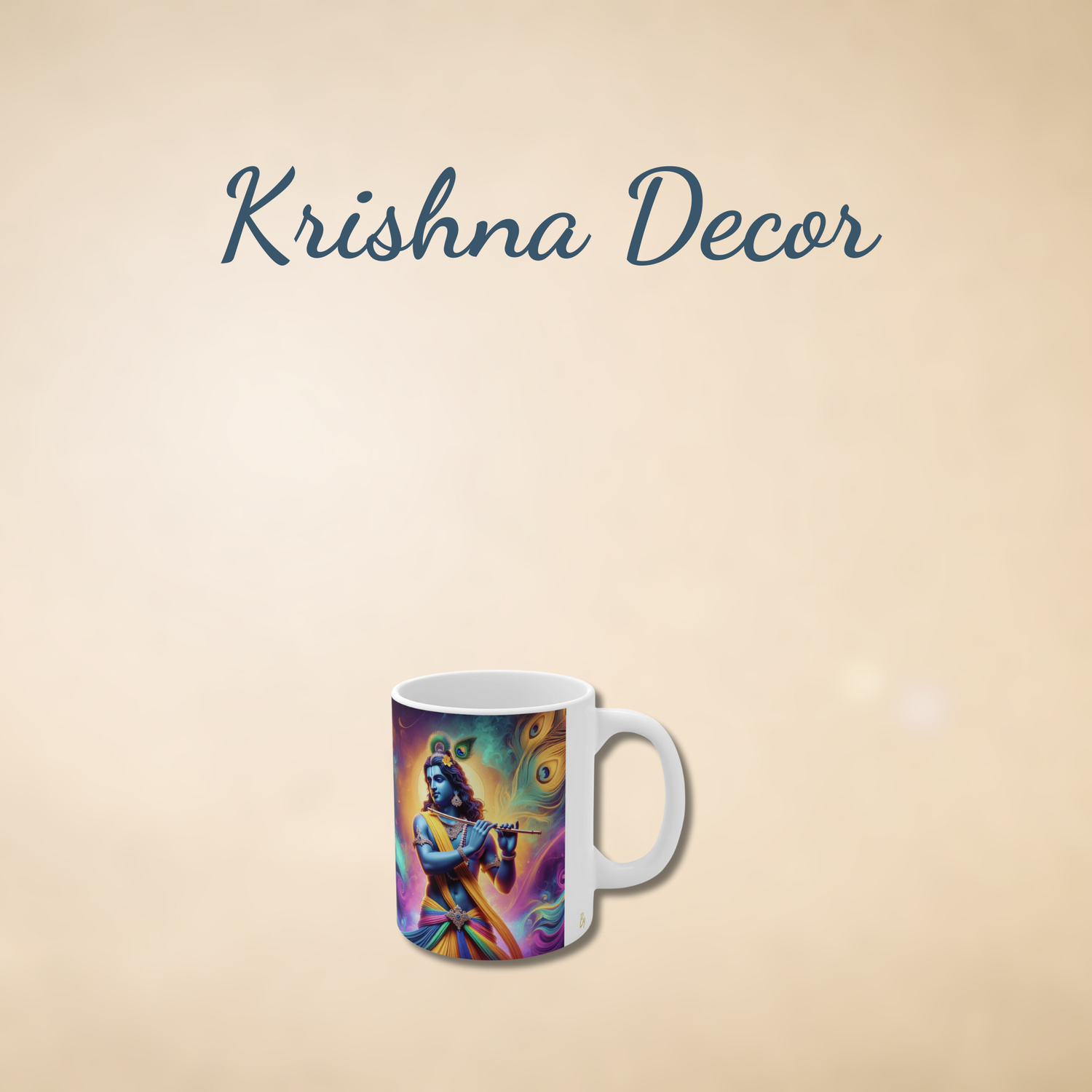 A decorative Krishna mug, with ethnic tones, featured in Krishna Decor collection by Druvs for devotional home spaces 