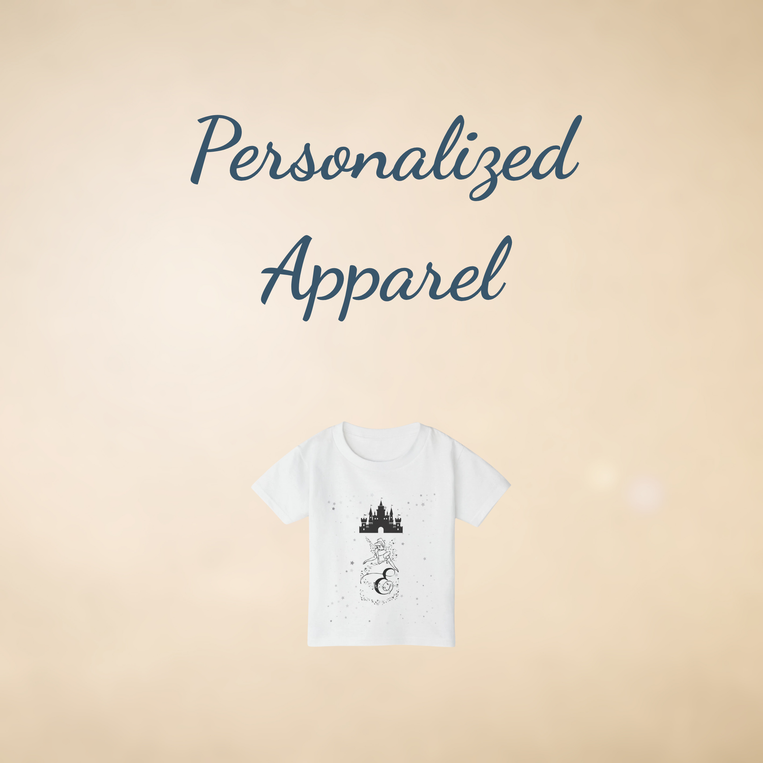 Square banner titled ‘Personalized Apparel’ in navy script over a soft beige background, featuring a white tee printed with a Disney Castle and initial name