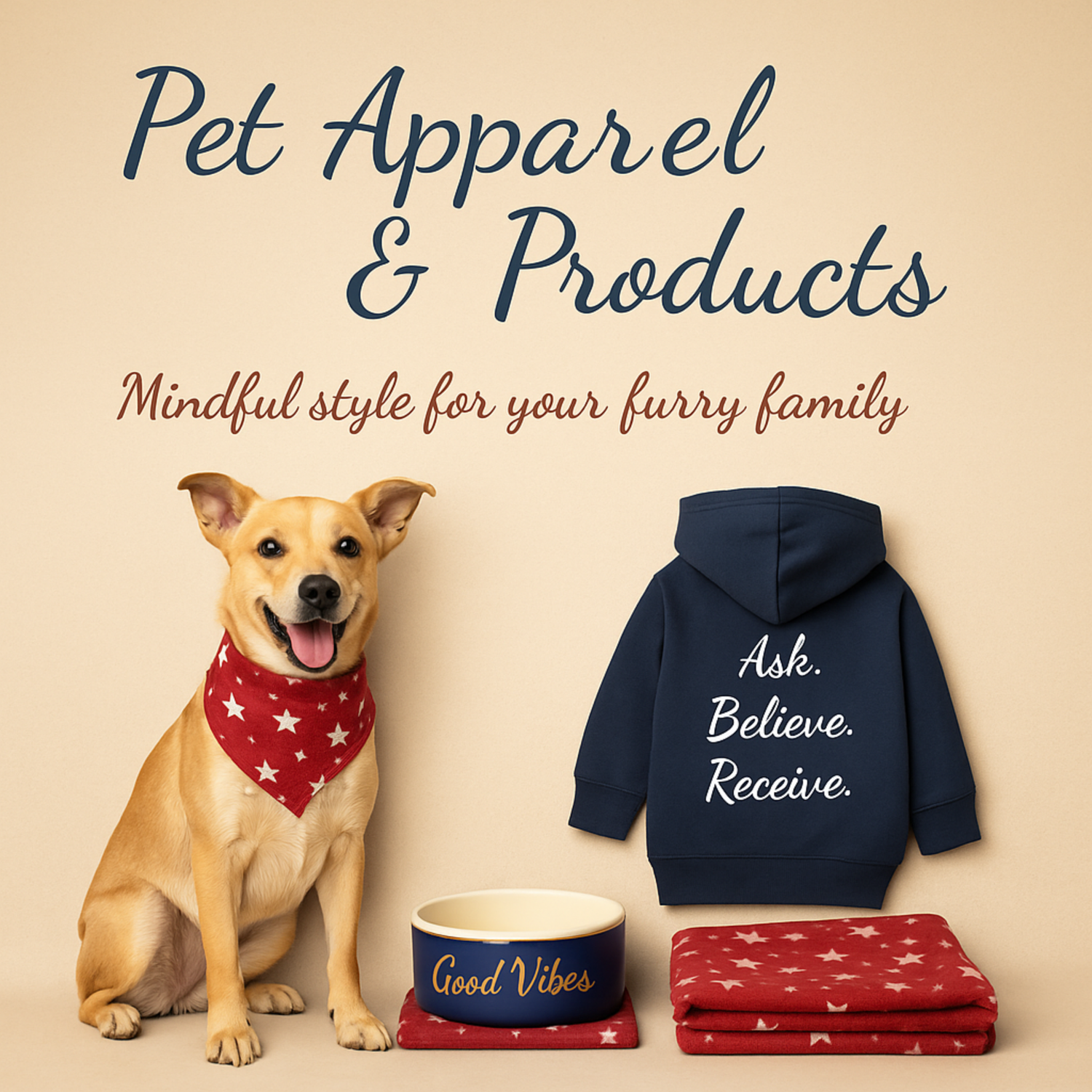 Square beige background Featuring a dog wearing a red bandama a good vibes bowl and a ask believe receive pet hoodie