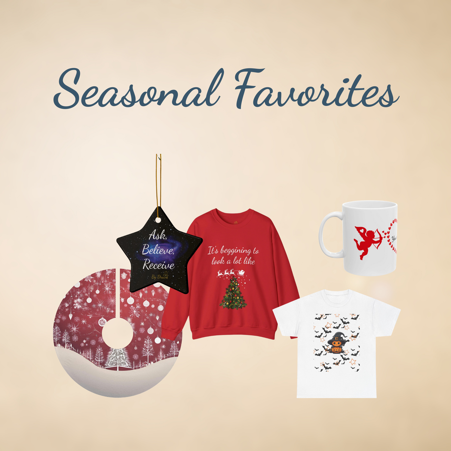 A square banner titled “Seasonal Favorites” over a soft beige background, featuring a festive ornament, pastel spring flowers, a colorful tumbler, and a wrapped gift bundle representing Druvs’ year-round collection