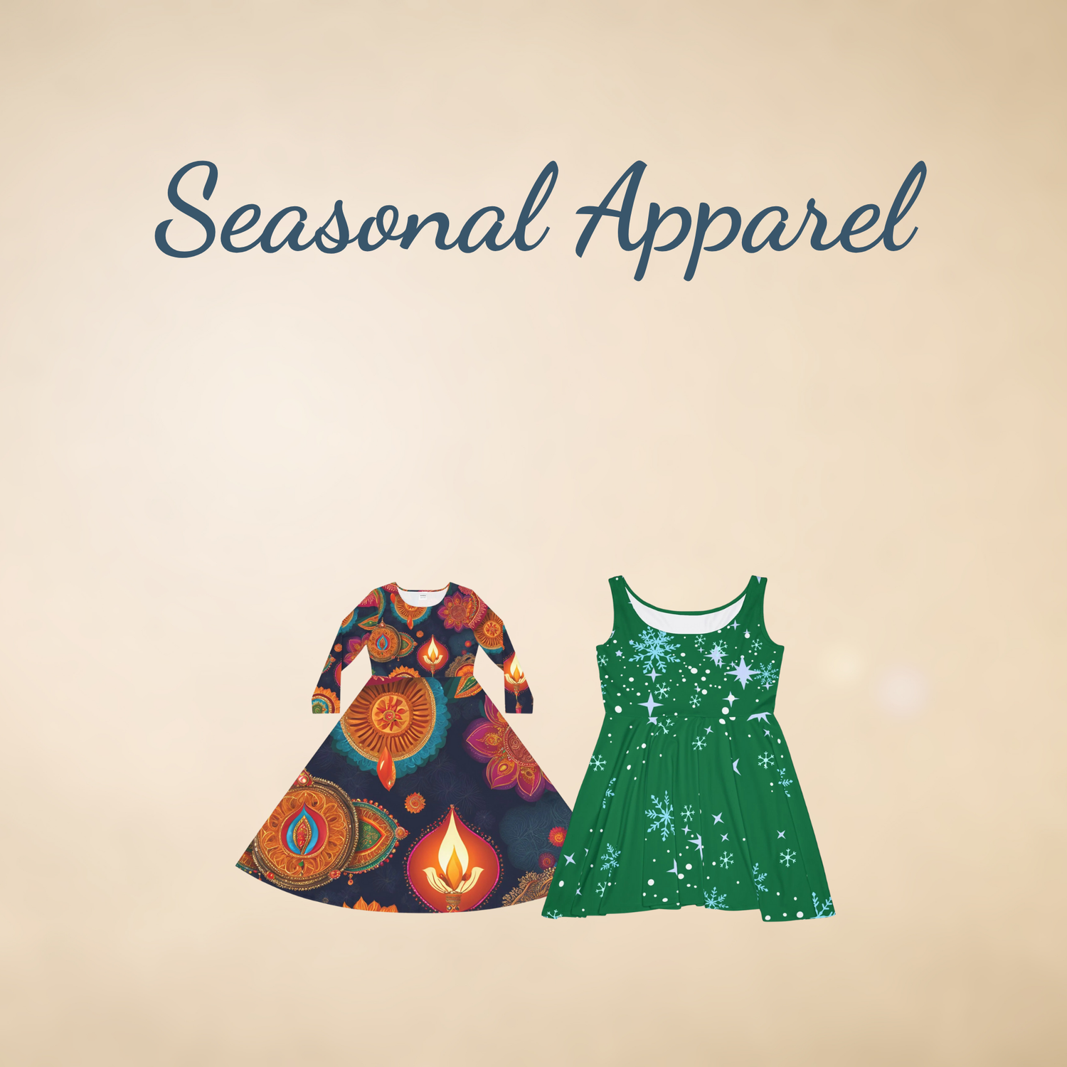 A square beige background with a long ethnic dress and a winter sleeveless green snowflake dress