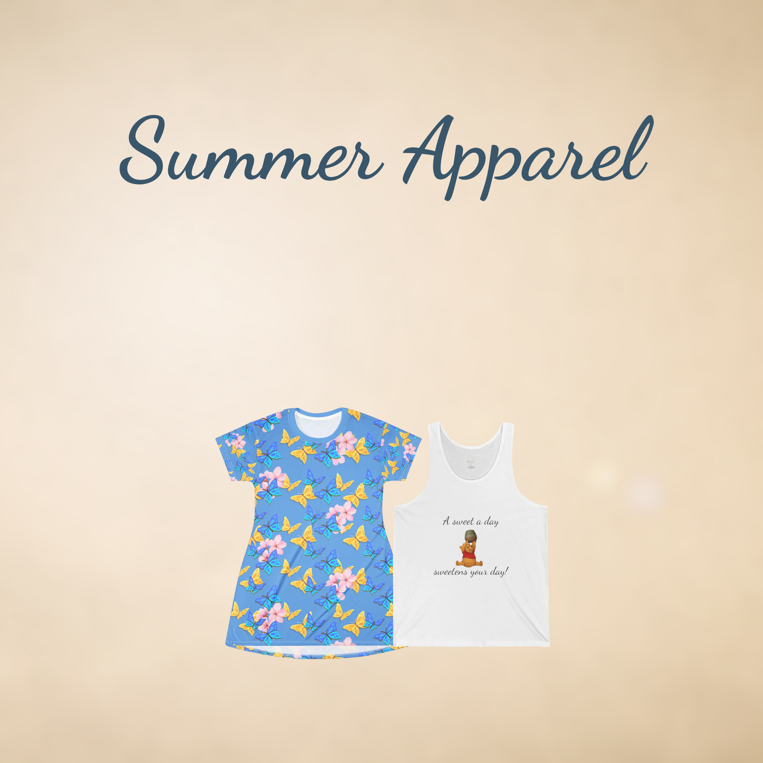 A square beige background with a blue yellow flowery dress and a white Winnie the Pooh tank top